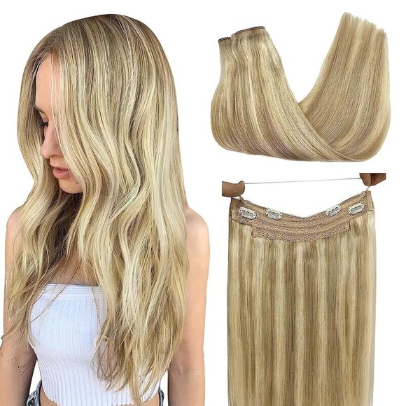 Wire Hair Extensions Human Hair, 16/22 Light Blondewith mix Golden Blonde Highli - Picture 1 of 8